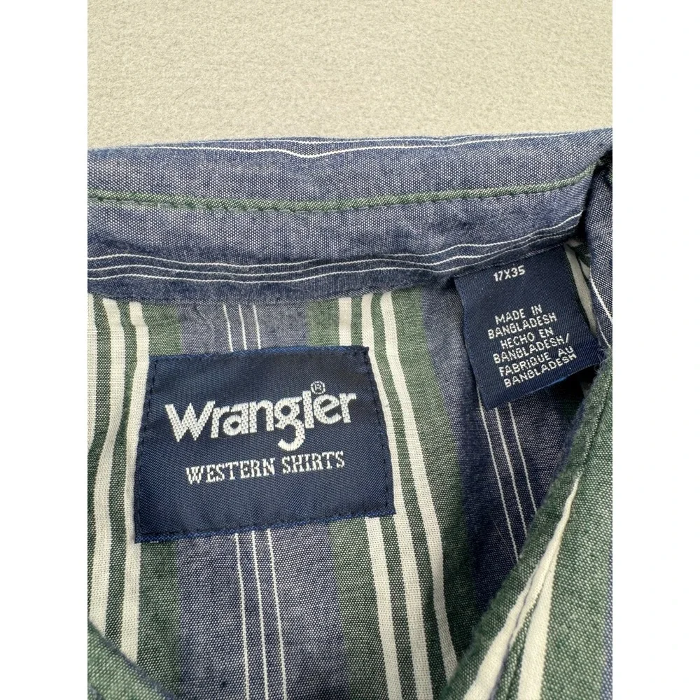 Wrangler Pearl Snap Western Shirt Mens XL 17x35 Striped Blue/Green Long Sleeve